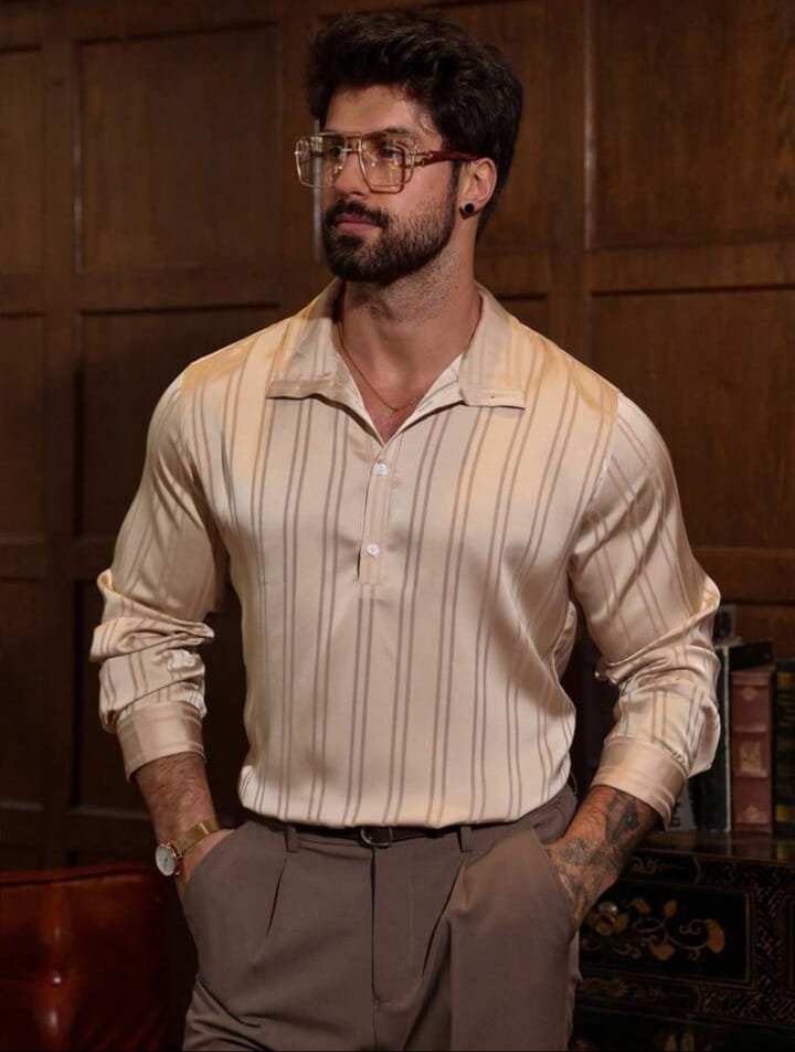 Men's Striped Beige Satin Shirt